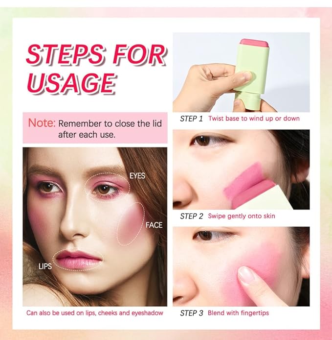Multi-Use Makeup Blush Stick, Beauty Tinted Solid Blush Stick, 3-in-1 Cream Blush Stick for Cheek/Eyes/Lips, Waterproof Moisturizer Stick, Suitable for All Skin (02# Coral Orange)