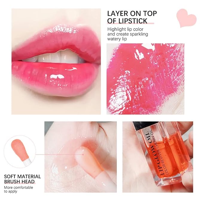 Plumping Lip Oil - Hydrating Lip Oil Plumping Lip Gloss, Crystal Jelly Moisturizing Lip Oil/Polished Lip Oil Lines/Tint Moisturizing Transparent Lip Balm Care Stick (Cherry)