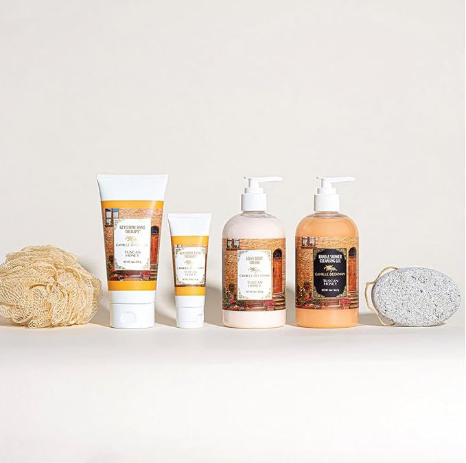 Camille Beckman Essentials Gift Basket, Tuscan Honey, Glycerine Hand Therapy 6 oz, Silky Body Cream 13 oz, Hand and Shower Cleansing Gel 13 oz, Glycerine Soap 3.5 oz