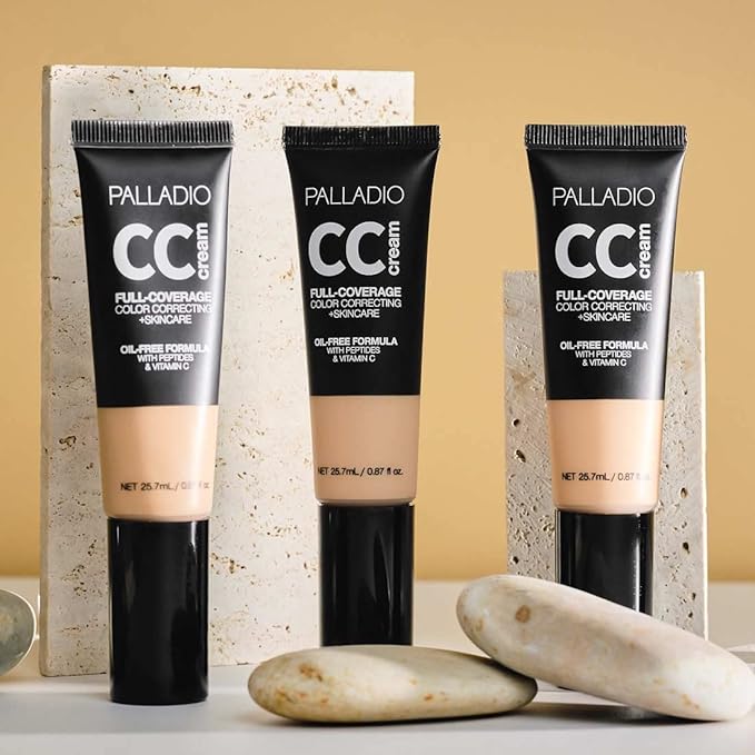 Palladio Full-Coverage Color Correction CC Cream, Oil-Free with Peptides & Vitamin C, Best for Correcting Redness and Uneven Skin Tone, Buildable Foundation Coverage (Rich 50N)
