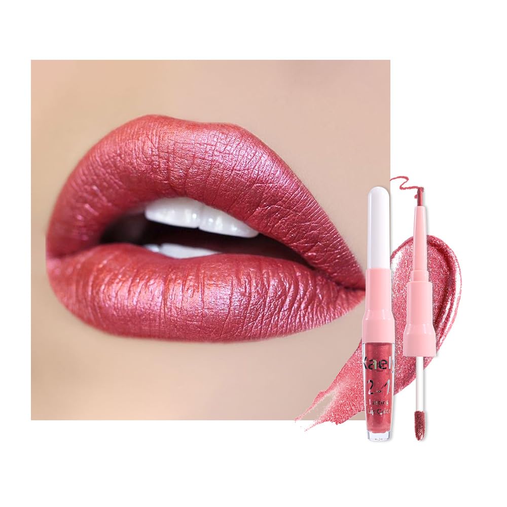 Kaely 2-in-1 Mauve Red Metallic Lipstick and Lip Liner, Shimmer Liquid Metallic Lipsticks for Women, Glitter Lip Gloss Stain Long Lasting Waterproof Smudge Proof 24 Hour, Vegan Makeup, 13