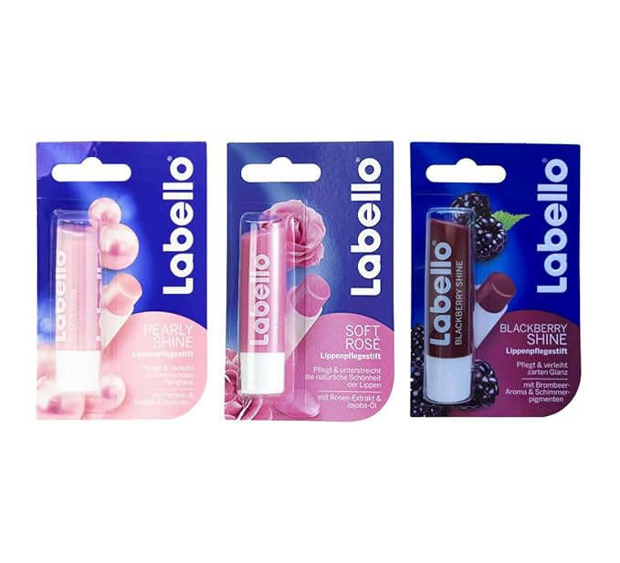 Labello Pearly Shine, Labello Soft Rose, Labello Blackberry Shine Lip Balm Bundle