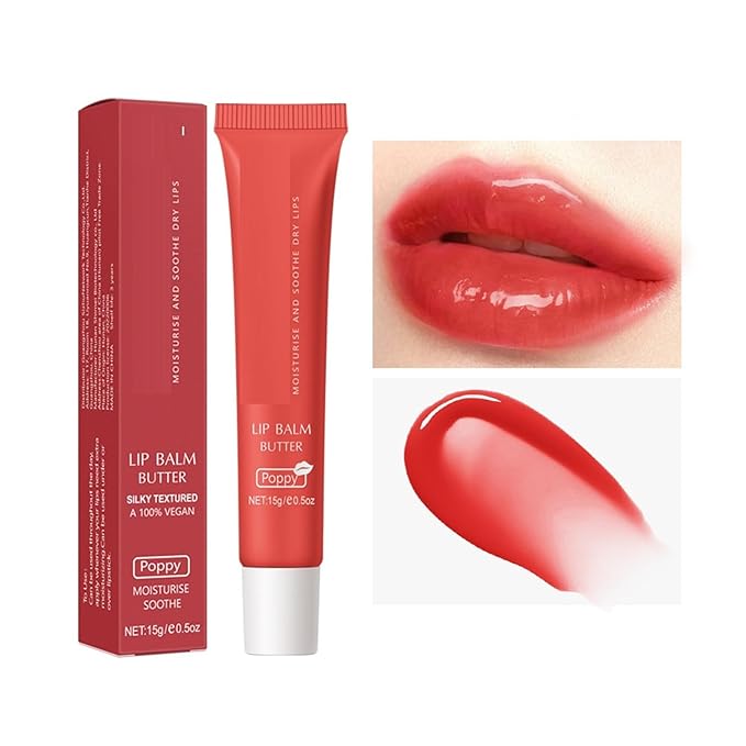 6 Color Hydrating Lip Butter Balm, Moisturizing Lip Repair, Lightweight Nourished Lip Glossy Christmas for Women (04 Poppy)