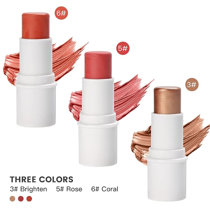 Cream Blush Stick for Cheek and Lip Tint, Multi Use as Highlighter Makeup and Blush Stick for Older Women & Mature Skin(#3 Brighten)