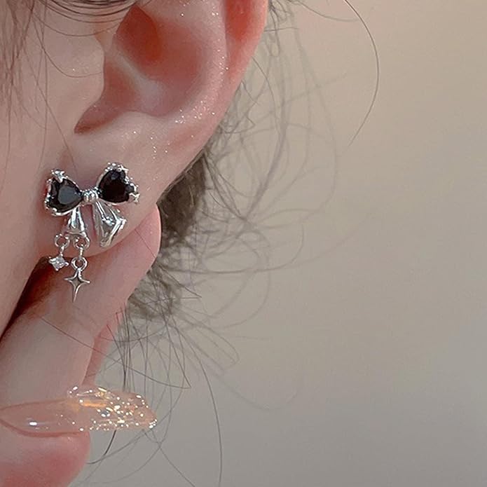 Vintage Crystal Bow Earrings Black Onyx Stud Earrings Silver Tiny Cross Drop Earrings Sparkly Cz Rhinestone Bow Earrings Jewelry for Women