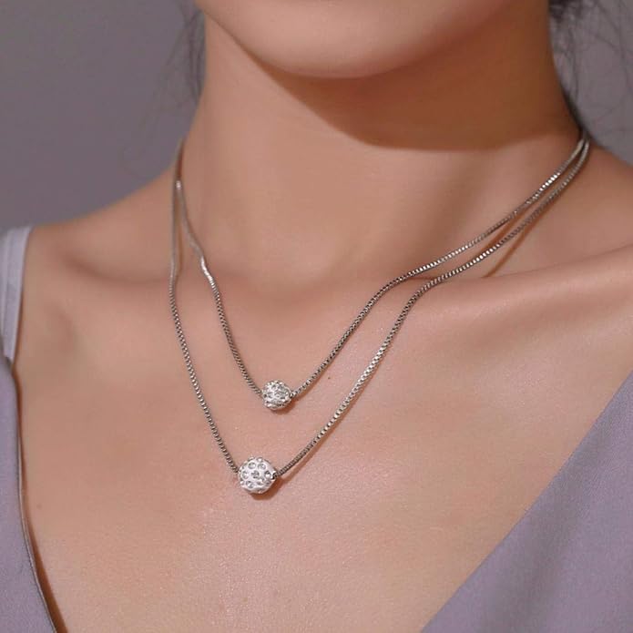 Bohemian Multi-layer Necklace Full Rhinestone Ball Pendant Fashion Silver Necklaces Chain Jewelry For Woman and Girls