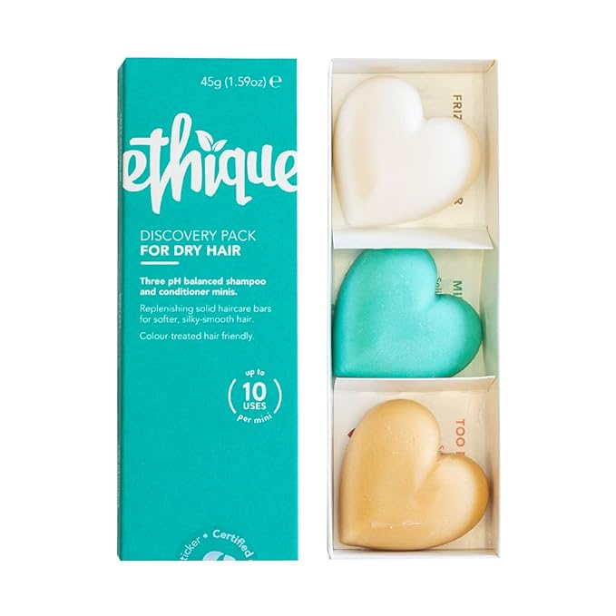 Ethique Discovery Pack for Dry Hair - Shampoo & Conditioner - Plastic-Free, Vegan, Cruelty-Free, Eco-Friendly, 3 Travel Bars, 1.59 oz (Pack of 1)