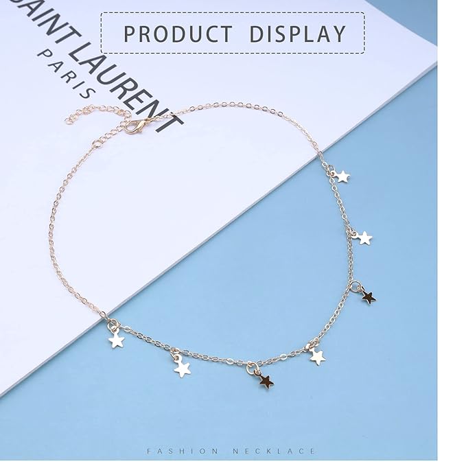 Bohemia Star Necklace Star Dangle Choker Necklace Gold Stars Short Necklace Minimalist Star Tassel Chain Necklace Jewelry for Women and Girls
