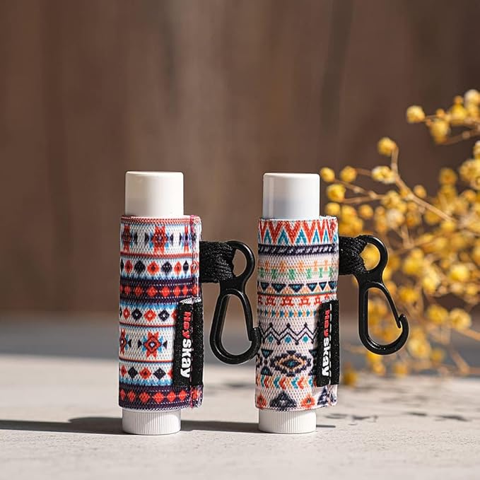 3PCS Lip Balm Holder Sleeves Chapstick Holder Keychain Lip Gloss Holder Keychain Elastic Sleeves (Boho Pattern)
