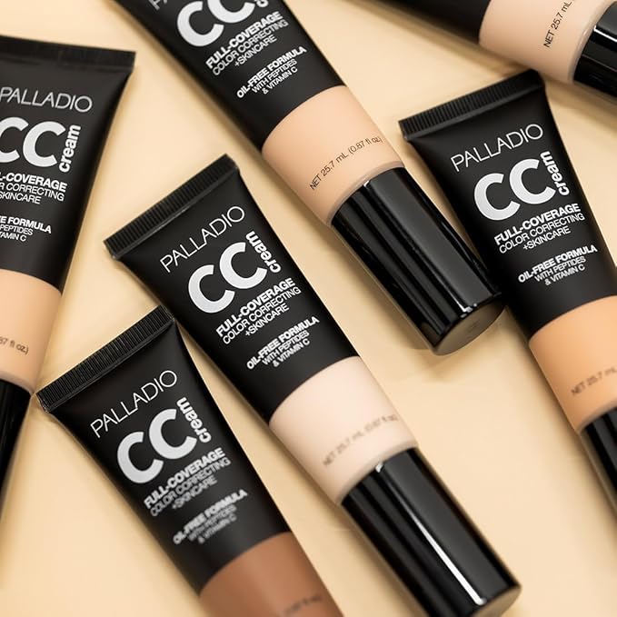 Palladio Full-Coverage Color Correction CC Cream, Oil-Free with Peptides & Vitamin C, Best for Correcting Redness and Uneven Skin Tone, Buildable Foundation Coverage (Med 31C)