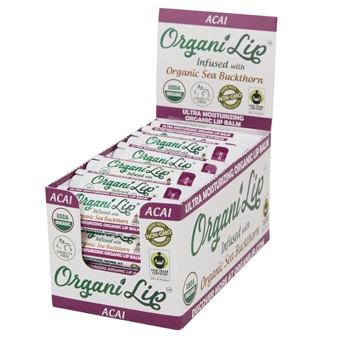 Organic Lip Balm, Acai Flavor, Ultra Hydrating Lip Moisturizer for Cracked or Dry Lips, Infused With Organic Sea Buckthorn, Oval Shaped Tube, USDA Certified Organic, 30 Pack