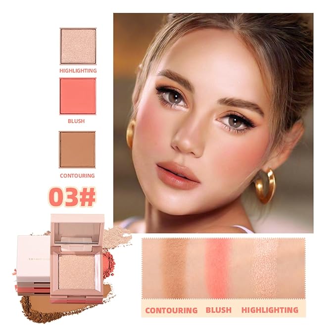 3 in 1 Contour Highlighter Blush Makeup Palette Kit, Matte Shimmer 3 Colors Highlighting Bronzing Blusher Eyeshadow Pallet, Long Lasting Full Face Eyes Contouring Shaping Makeup Set with Mirror