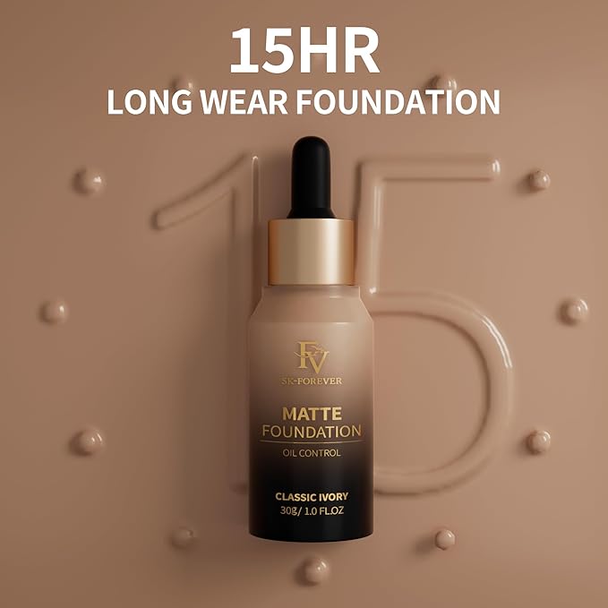 FV Full Coverage Liquid Foundation Makeup, Long Lasting Matte Foundation with Flawless Finish, Concealing & Minimizing Pores, Oil Control Waterproof for Oily Combination Skin, 1 Fl. Oz(Classic Ivory)