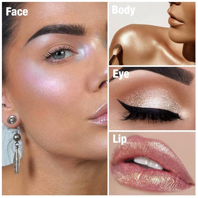 Cream Highlighter Makeup Palette, Glow Highlighters Makeup Powder, Suit for Cheeks, Body, Eyeshadow, Silver Light Pink Rose Gold Purple Champagne, Vegan, Talc Free (02)