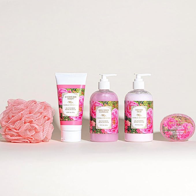 Camille Beckman Essentials Gift Basket, Glycerine Rosewater, Glycerine Hand Therapy 6 oz, Silky Body Cream 13 oz, Hand and Shower Cleansing Gel 13 oz, Glycerine Soap 3.5 oz
