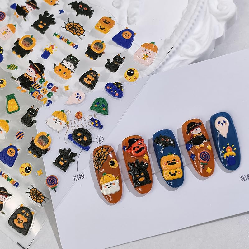 Halloween Nail Stickers, Spider Web, Pumpkins, Cat, Ghosts Nail Art Design 5D Manicure Decal Self-Adhesive Nail Supplies Accessories for Women