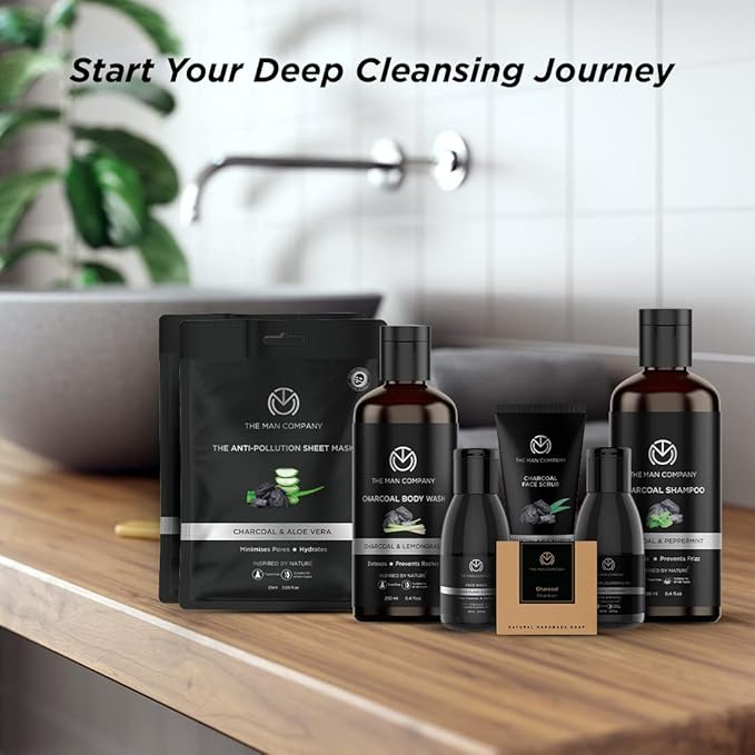 The Man Company Ultimate Charcoal Detan Kit with Elegant Gift Box | Charcoal Body wash, Shampoo, Face Scrub, Face wash, Charcoal Soap, Cleansing gel, Charcoal Sheet mask*2 (Set of 8)