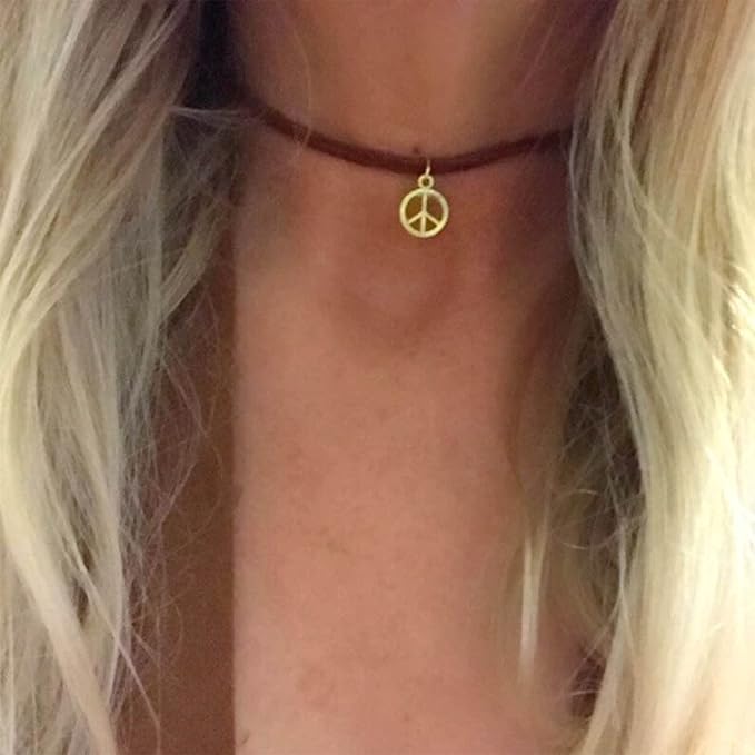 Boho Peace Choker Necklace Black Cord Circle Necklace Short Round Necklace Vegan Necklace Chain Jewelry for Women and Girls