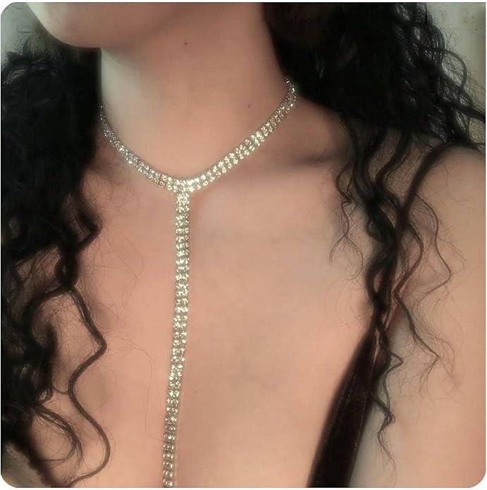 Boho Rhinestone Crystal Y Necklace Tennis Chain Y Lariat Necklace Long Gold CZ Drop Chain Necklace Sparkle Party Nightclub Necklace Chain Jewelry for Women and Girls