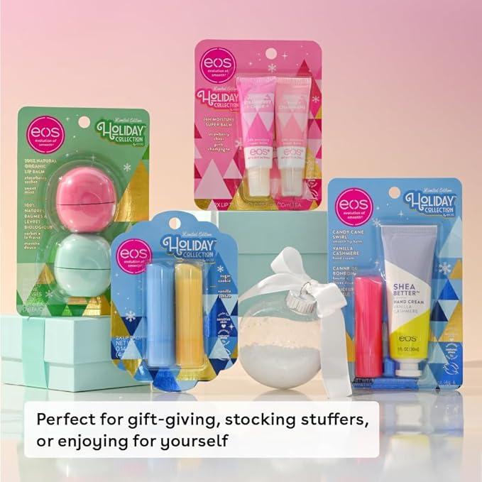 eos Holiday Lip Balm Gift- Strawberry Cheer & Candy Cane Swirl, Stocking Stuffers, All-Day Moisture Lip Care, 0.14 oz, 2-Pack