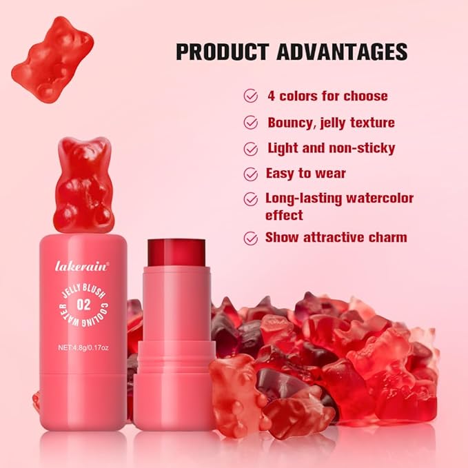Multi-Use Cooling Water Jelly Blush/Lip Tint & Eye Shadow - Sheer Stain withBuildable Watercolor Finish - Long-Lasting Moisture - 1,000+ Swipes Per Stick - Jelly Texture for Lip & Cheek (Red)