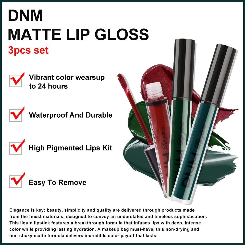 evpct 3Pcs Dark Color Colored Red Emerald Green Matte Liquid Lipstick Make up Set 24 Hour Long Lasting Waterproof Smudge Proof Deep red Green Liquid Lipstick Matte Lip Stain Gloss Liner Kit 8