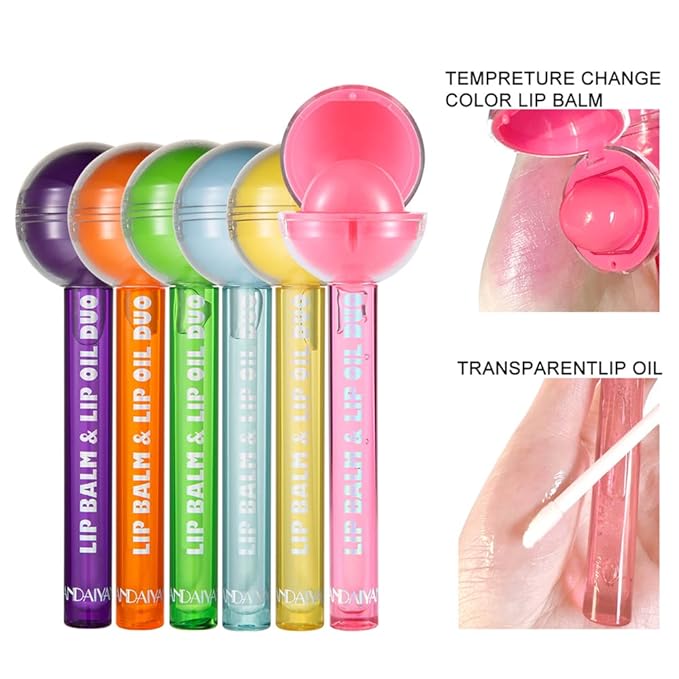 Tinted Lip Balm Lollipop Lip Gloss, Magic pH Color Changing Pink Lipstick & Vitamin E Clear Lip Oil Combo, Hydrating Plumping Lip Care Product for Girls (Blue)