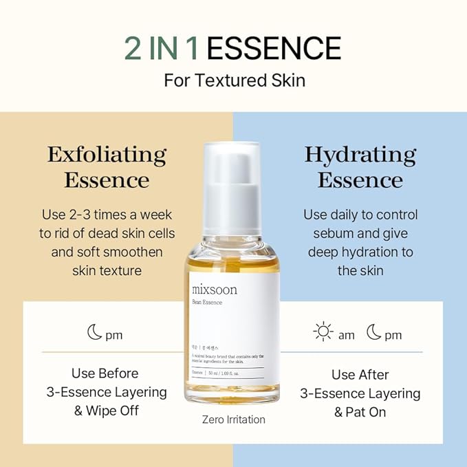 mixsoon Bean Essence, Vegansnail, Exfoliating Essence for face, Hydrating Korean Skin Care,Glassskin 1.01 fl.oz/30ml