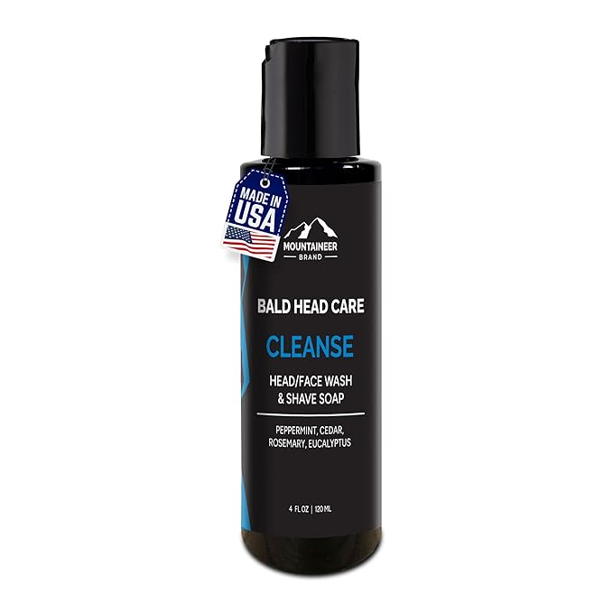 Mountaineer Brand Bald Head Shampoo for Men | All Natural Moisturizing/Hydrating Shaving Soap and Face Cleanser | For Daily Head/Scalp Care and Wash | Cleanse | Refreshing Natural Scent 4oz