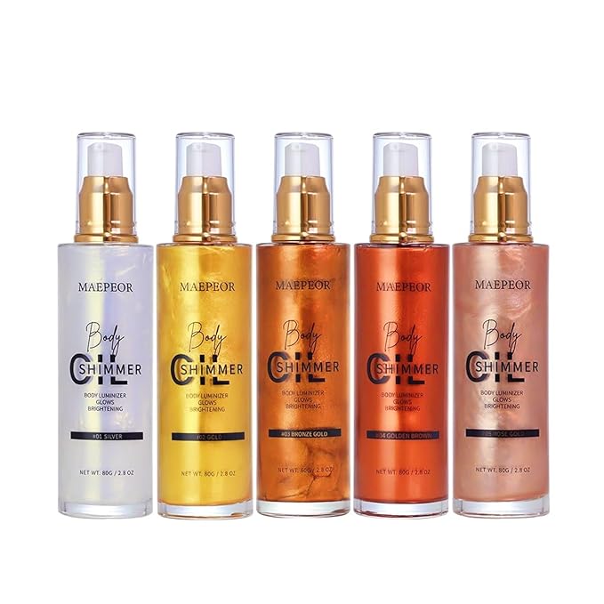 MAEPEOR Shimmer Body Luminizer 5 Colors Moisturizing Glow Illuminator Smooth and Non-sticky Summer Body Highlighter For Face & Body (80ML, 04 Golden Brown)