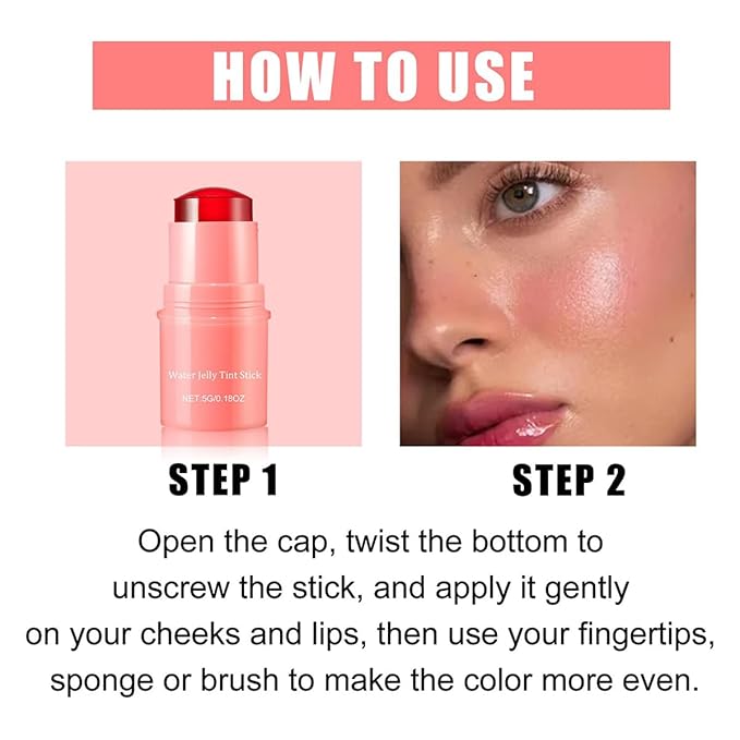 Milk Cooling Water Jelly Tint Blush Stick Face Makeup, Sheer Lip & Cheek Stain, Buildable Watercolor Finish,Vegan, Cruelty Free - 0.18 fl oz (RED)