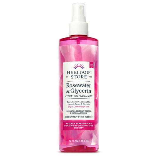 HERITAGE STORE Rosewater & Glycerin Hydrating Facial Mist - Dry Combination Skin Care - Rose Water Spray w/Vegetable Glycerine, Made Without Dyes or Alcohol, Hypoallergenic, Vegan, Cruelty Free, 12oz