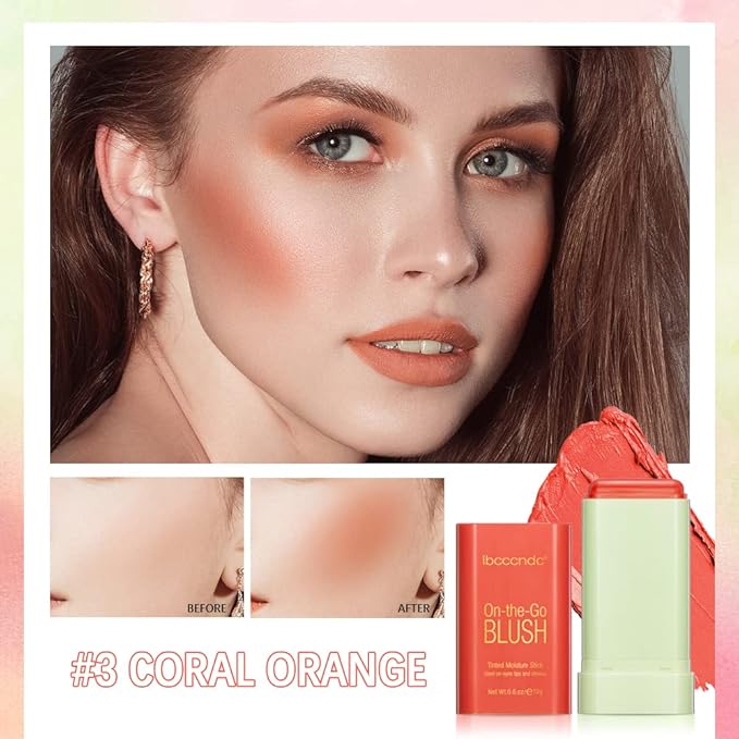 Soft Creamy Blush Stick, Multi-use Makeup Blush Stick for Cheeks and Lips Tint, Waterproof Solid Moisturizer Stick, Natural Smooth Blendable Matte Finish Face Blush Makeup,03 Coral Orange