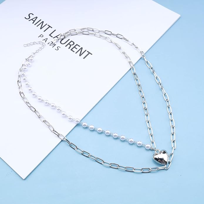 Boho Layered Pearl Choker Necklace Chain Vintage Gold Heart Pendant Cuban Chain Necklace Rock Statement Pearl Heart Necklace Asymmetrical Pearl Strand Necklace Jewelry for Women and Girls