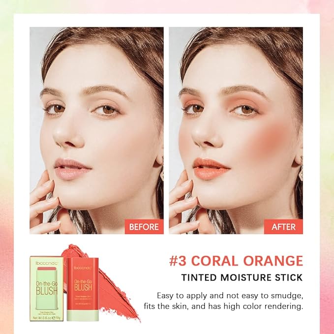 Blush Stick Matte Finish Waterproof Long Lasting Pink Red Cheek Lip Make-up Multi Lip Tint Stick Highlighter High Pigment Rouge Blush for Women Lady Daily Lip Cheek Make (3#coral orange)
