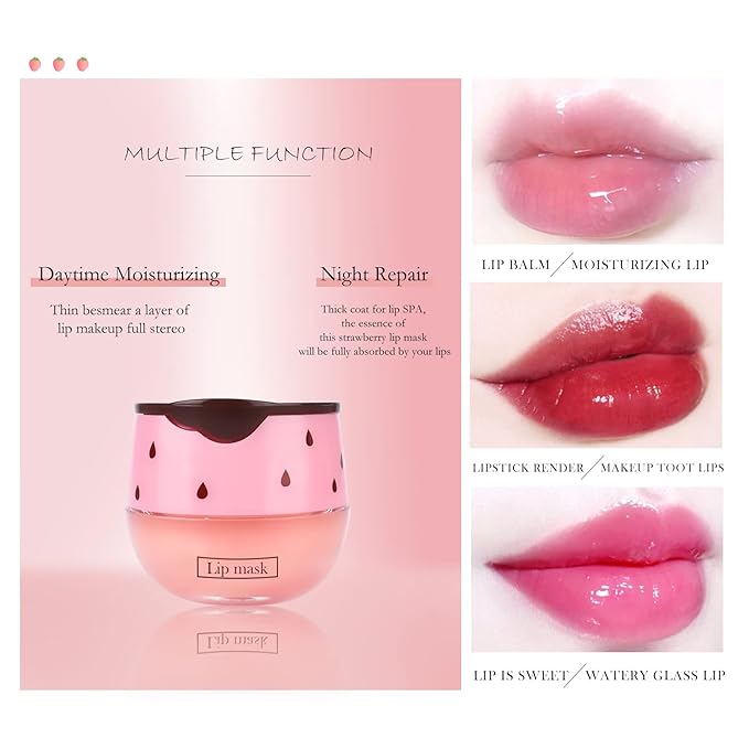 2PCs Strawberry Lip Sleeping Mask,Bee Lip Balm Honey Pot, Bee Lip Honey Pot with Wand Nourishes Lips, Overnight Strawberry Propolis Honey Balm Lip Mask for Lip Care Moisturize Lip Skin