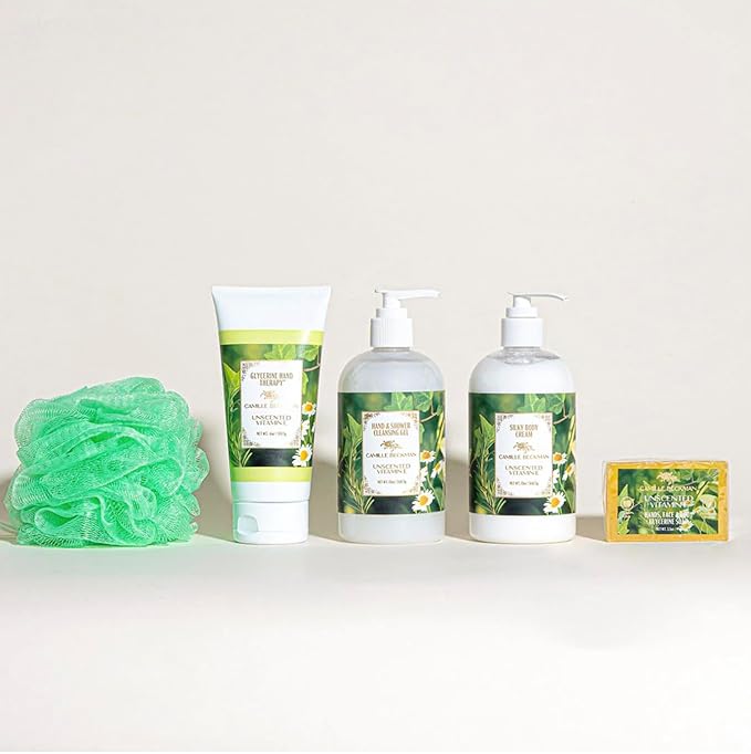 Camille Beckman Essentials Gift Basket, Vitamin E Unscented, Glycerine Hand Therapy 6 oz, Silky Body Cream 13 oz, Hand and Shower Cleansing Gel 13 oz, Glycerine Soap 3.5 oz
