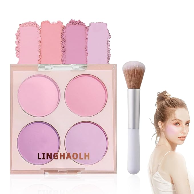 4 Colors Blush Palette for Cheeks,Face Matte Contour Blush Makeup Palette,Buildable Shimmer Facial Cheek Blusher Shades,Blendable Cosmetic Makeup Blush with Blush Brush 02