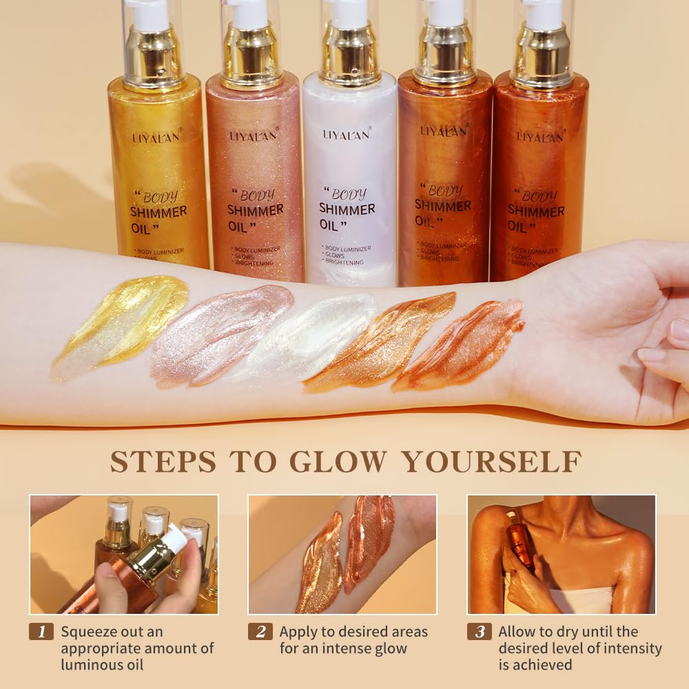 Liyalan Shimmer Body Oil Rose Gold 5 Color Bronze Face Glow Pearl Highlighter Illuminator body Makeup Shine Glitter Gold Liquid Taning(3.38 Fl Oz/05)