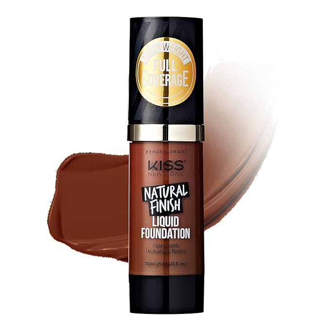 Kiss New York Professional Liquid Foundation - Lightweight and Hydrating Formula, Natural Finish, Control Shine, Cover Pores, Medium to Full Coverage, Green Tea Extract (Chestnut)