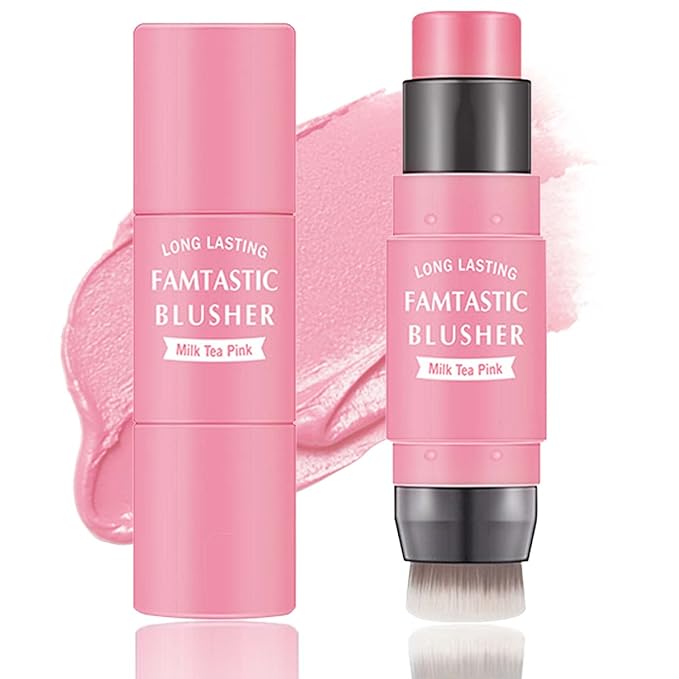 Cream Blush Stick,Blush Stick for Cheeks with Contour Brush,3-in-1 Long Lasting Waterproof Blush&Eye Shadow&Lip Gloss for Fair Skin Types（01 Milk Tea Pink）