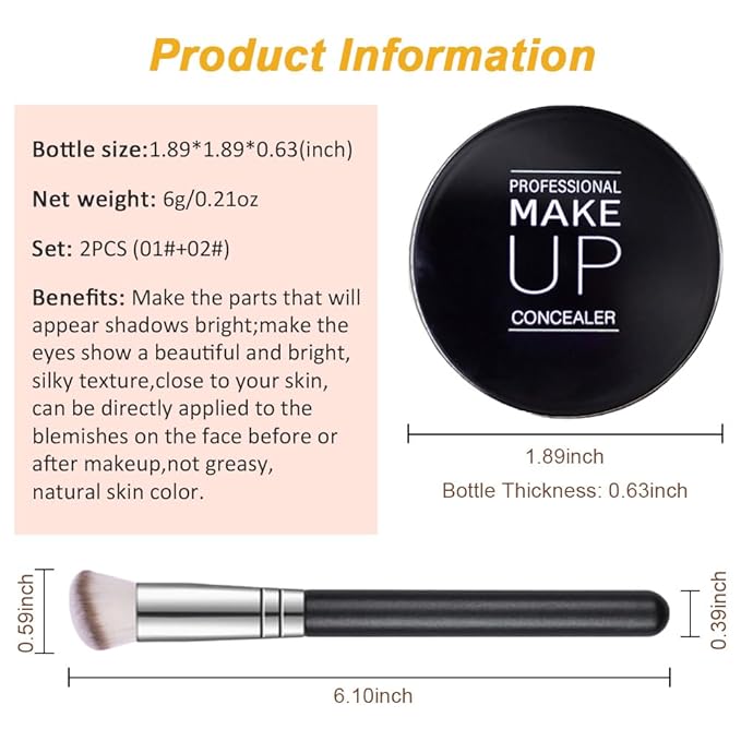 Kaely 2Pcs Pot Concealer Full Coverage Set,under Eye Brightener Concealer for Conceals Dark Circles,Waterproof Foundation Face Makeup Brush Kit,Color Correcting Concealer,01+02
