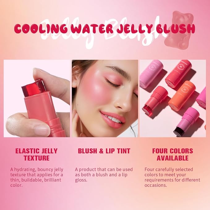 Multi-Use Cooling Water Jelly Blush/Lip Tint & Eye Shadow - Sheer Stain withBuildable Watercolor Finish - Long-Lasting Moisture - 1,000+ Swipes Per Stick - Jelly Texture for Lip & Cheek (Red)