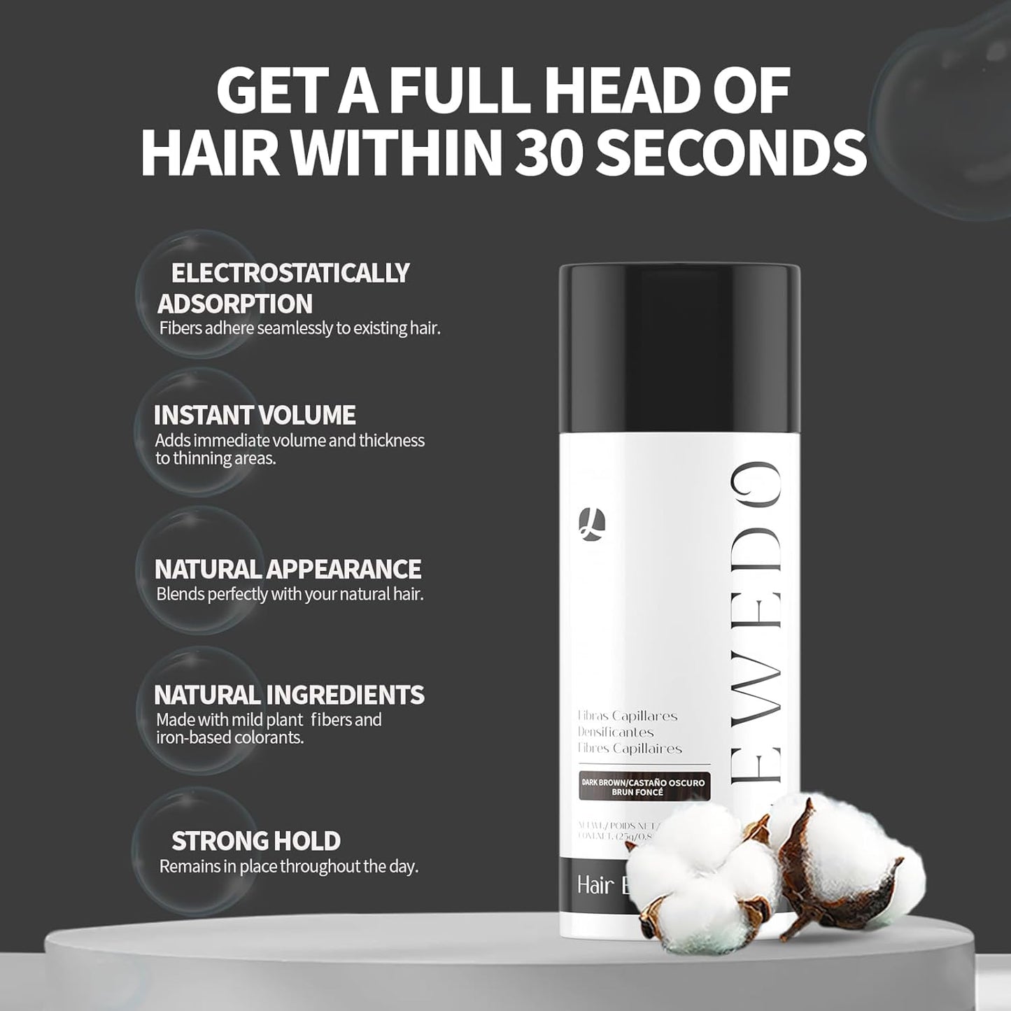 Hair Building Fibers - Instant Volume for Thinning Hair, Natural Appearance with Electrostatic Adsorption,Plant-Based, All-Day Hold, 25G Black