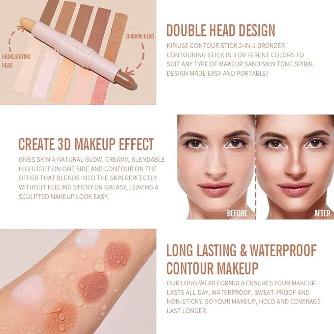 KIMUSE 2 Color Dual Cream Contour Stick, Highlight & Contour Bronzer Stick, Long Lasting & Waterproof Contour Sticks Kit for Light Skin Face Makeup