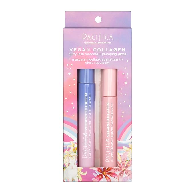 Pacifica Beauty Vegan Collagen Lash and Lip Kit Set, Makeup, Fluffy Lash Mascara, Long Lasting, Black Volumizing Mascara, Lip Gloss, Lip Serum, Lip Plumping, 0.24 fl oz and 0.19 fl oz (Set of 2)