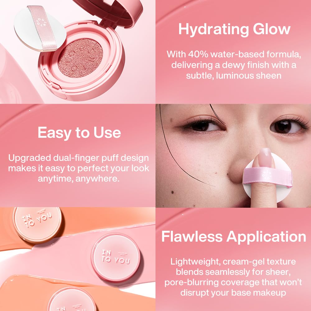 INTO YOU Cream Blush Air Cushion for Cheeks Eyes, Moisturizing, Lightweight, Dewy Finish Face Makeup, Long Wearing, Buildable, Blendable, Pigmented Liquid Blush, for All Skin Tones, Cheeky Melon