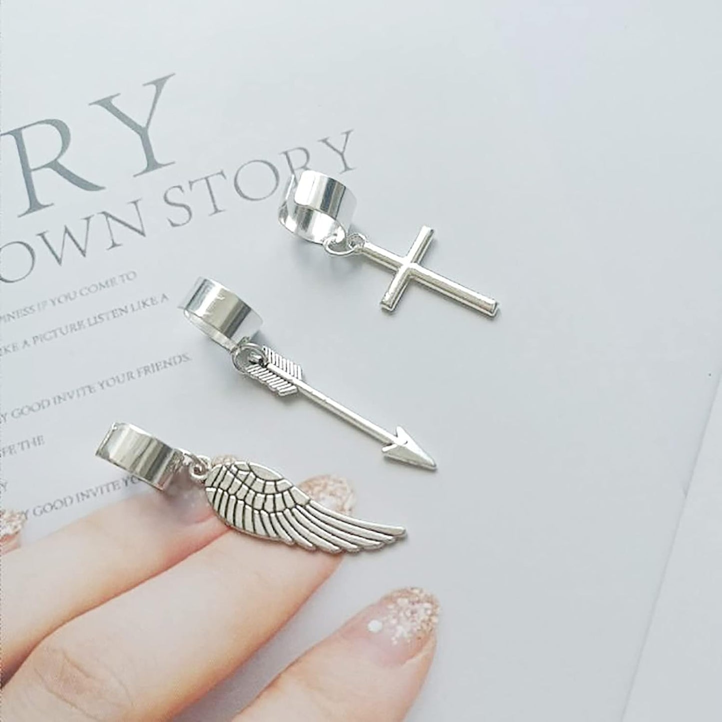 Angel Wings Ear Cuffs 3Pcs Arrow Cross Ear Chain Helix Cartilage Clip Dangle Jewelry for Women Men…