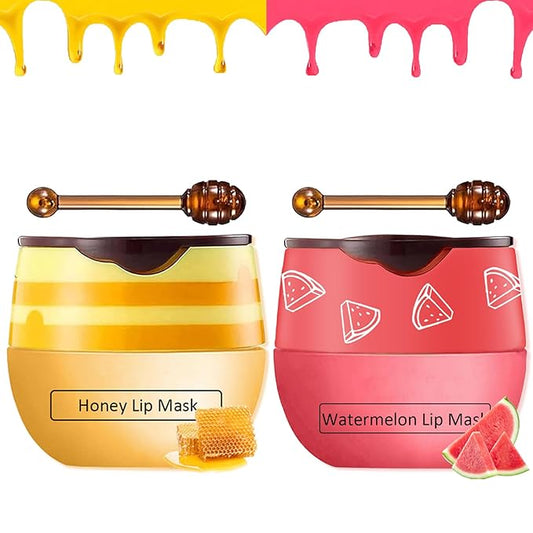 2 PCS Bee Lip Balm Honey Pot,Honey&Watermelon Lip Mask Overnight Moisturizing Prevention Dry and Cracked Lip Scrubs Exfoliator Lip Care,Lip Sleeping Mask Reduces Lip Lines