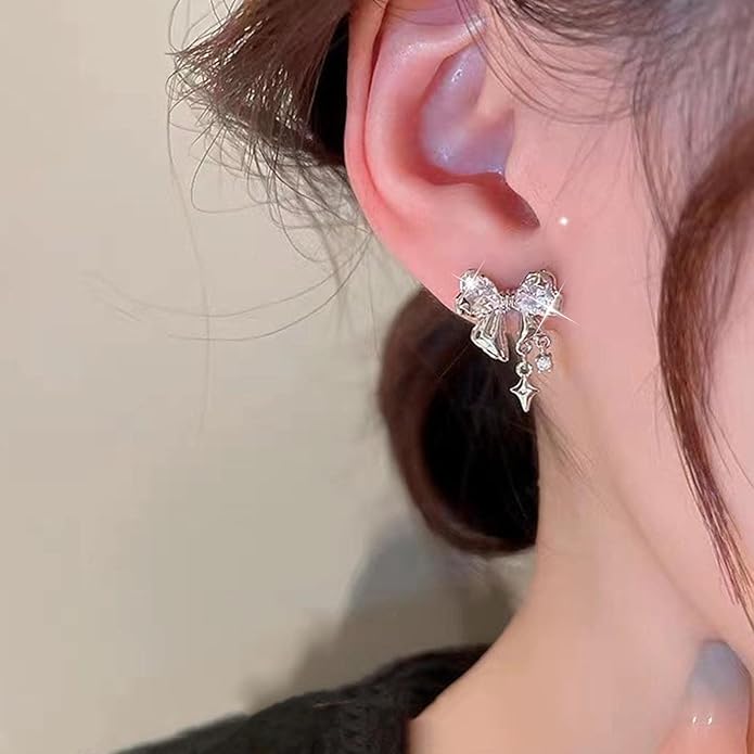 Vintage Crystal Bow Earrings Black Onyx Stud Earrings Silver Tiny Cross Drop Earrings Sparkly Cz Rhinestone Bow Earrings Jewelry for Women